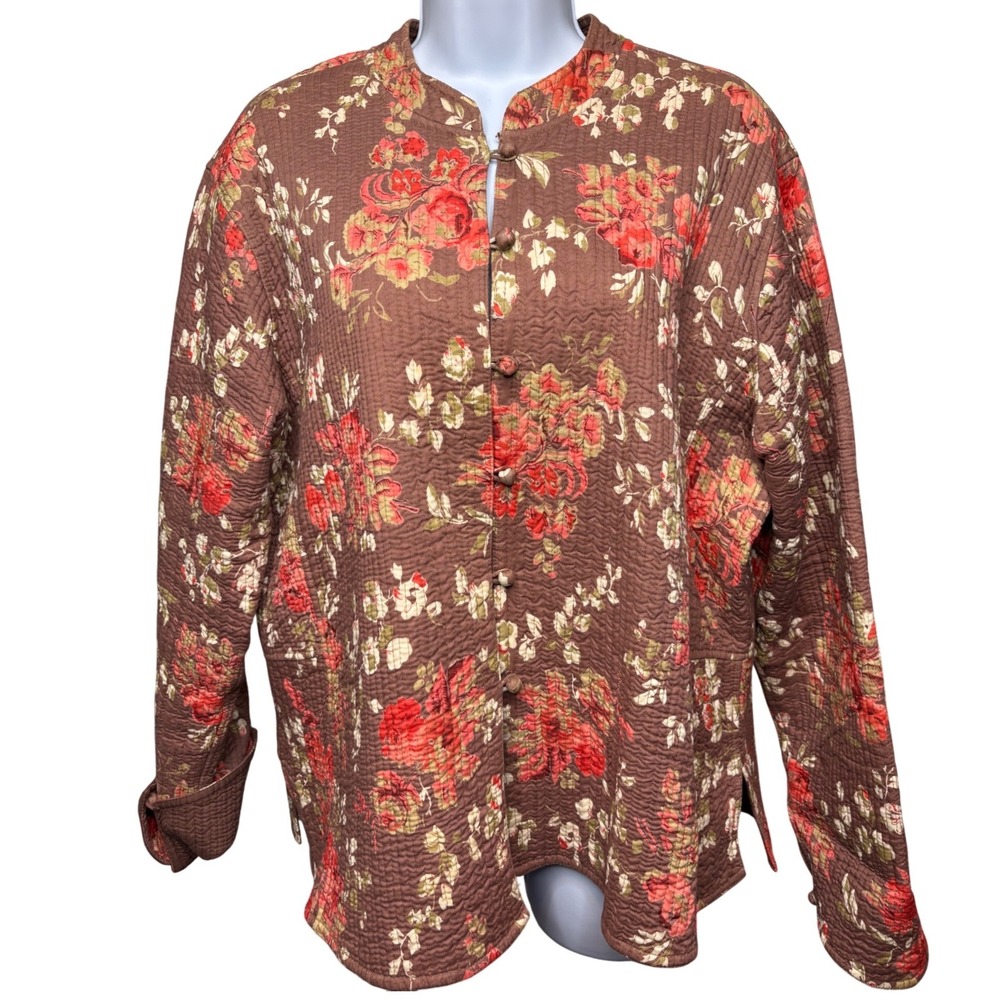 ORVIS Womens Brown Floral Quilted Jacket XL Cottagecore Mandarin Collar Rustic